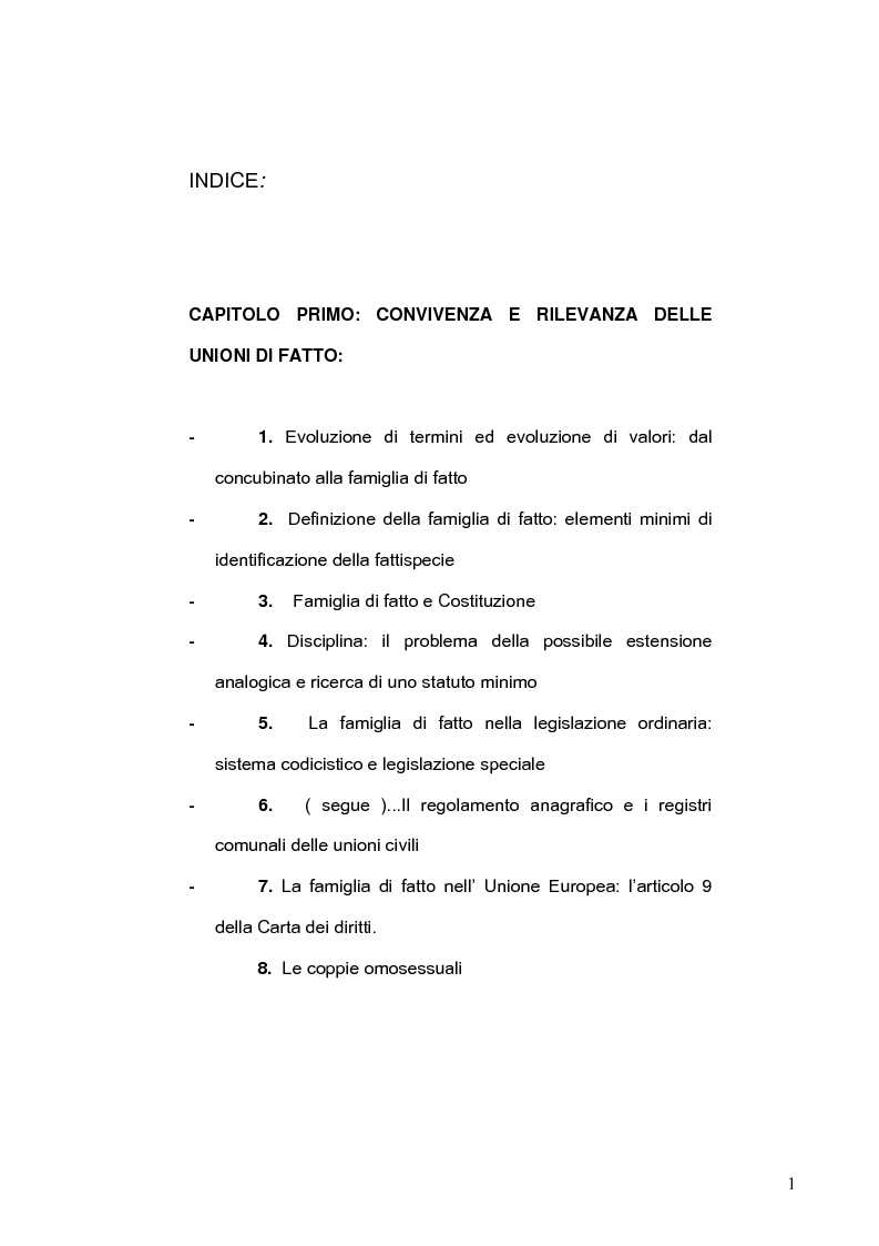 Indice della tesi: La famiglia di fatto, Pagina 1