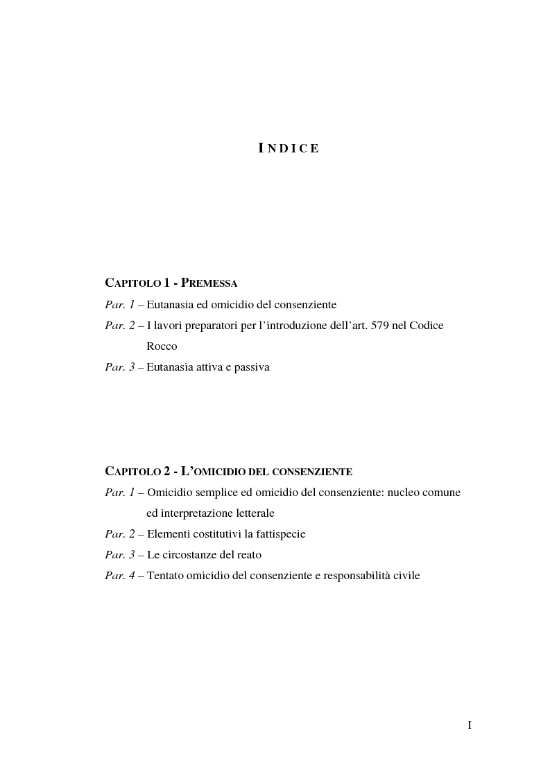 Indice della tesi: L'omicidio del consenziente, Pagina 1