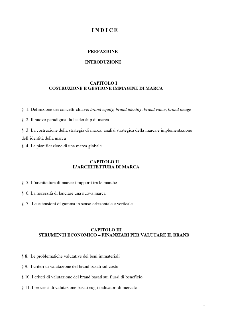 Indice della tesi: Le strategie di brand equity nel settore automobilistico, Pagina 1