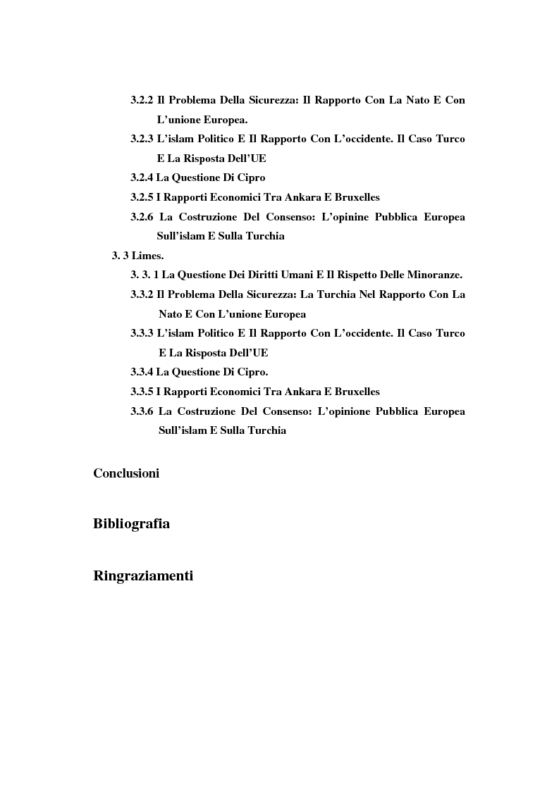 Indice della tesi: La possibile adesione della Turchia all'UE: i contributi di ''Limes'' e ''Aspenia'' a confronto, Pagina 2