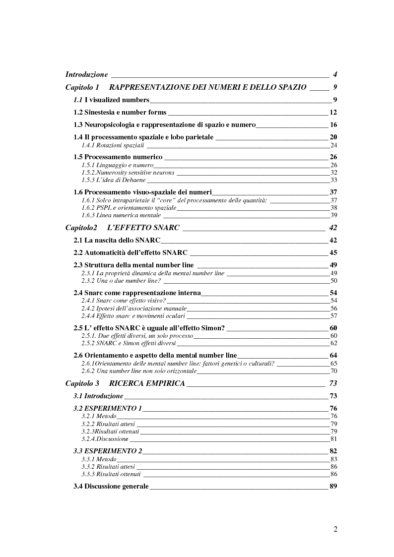 Indice della tesi: Interazione numero spazio: effetto Snarc - Un contributo di ricerca, Pagina 1
