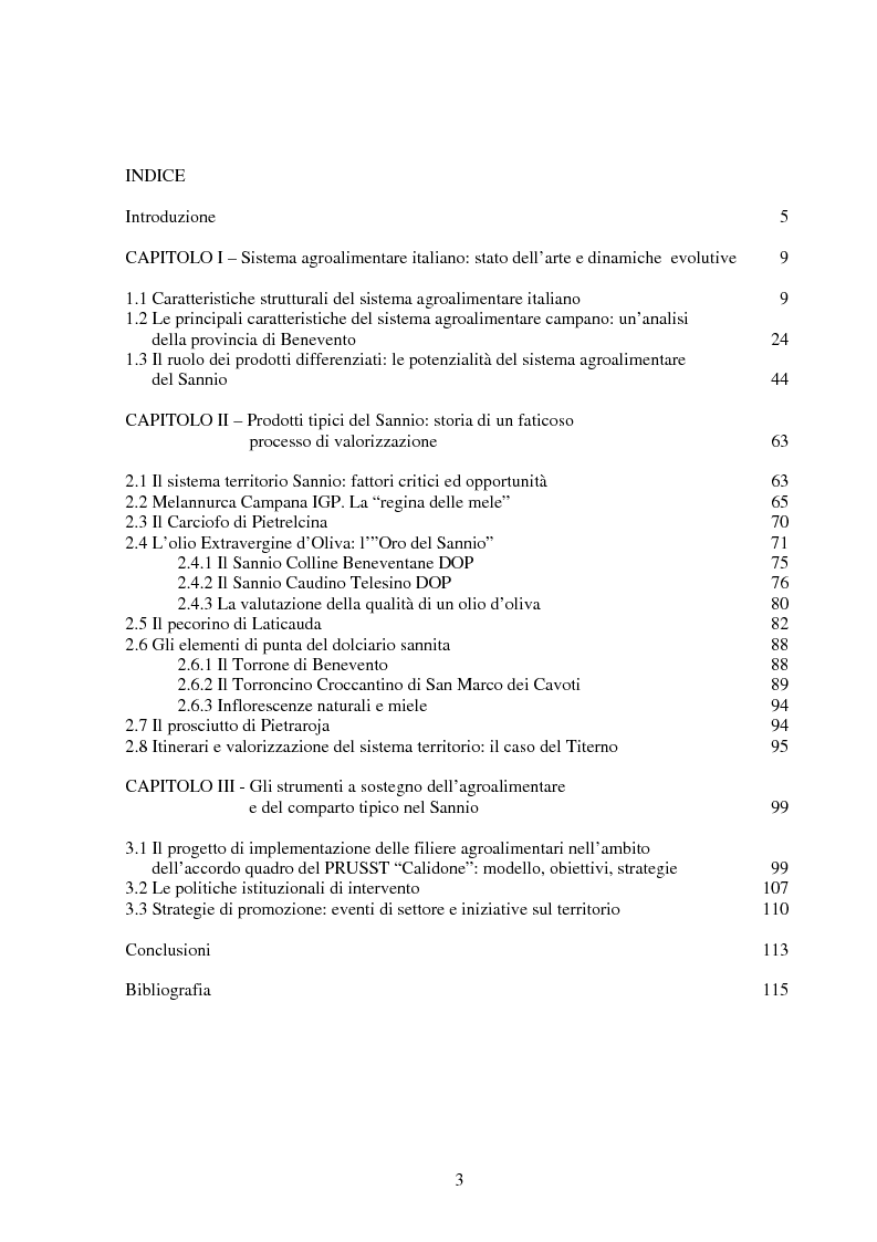 Indice della tesi: La valorizzazione dei prodotti tipici. Le potenzialità e gli strumenti a sostegno del comparto nel Sannio, Pagina 1