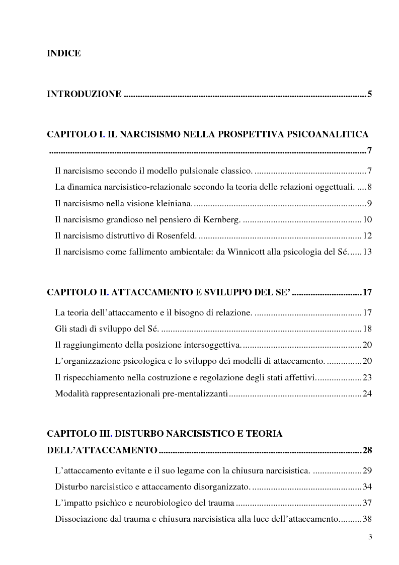 Indice della tesi: Disturbo narcisistico e teoria dell'attaccamento, Pagina 1