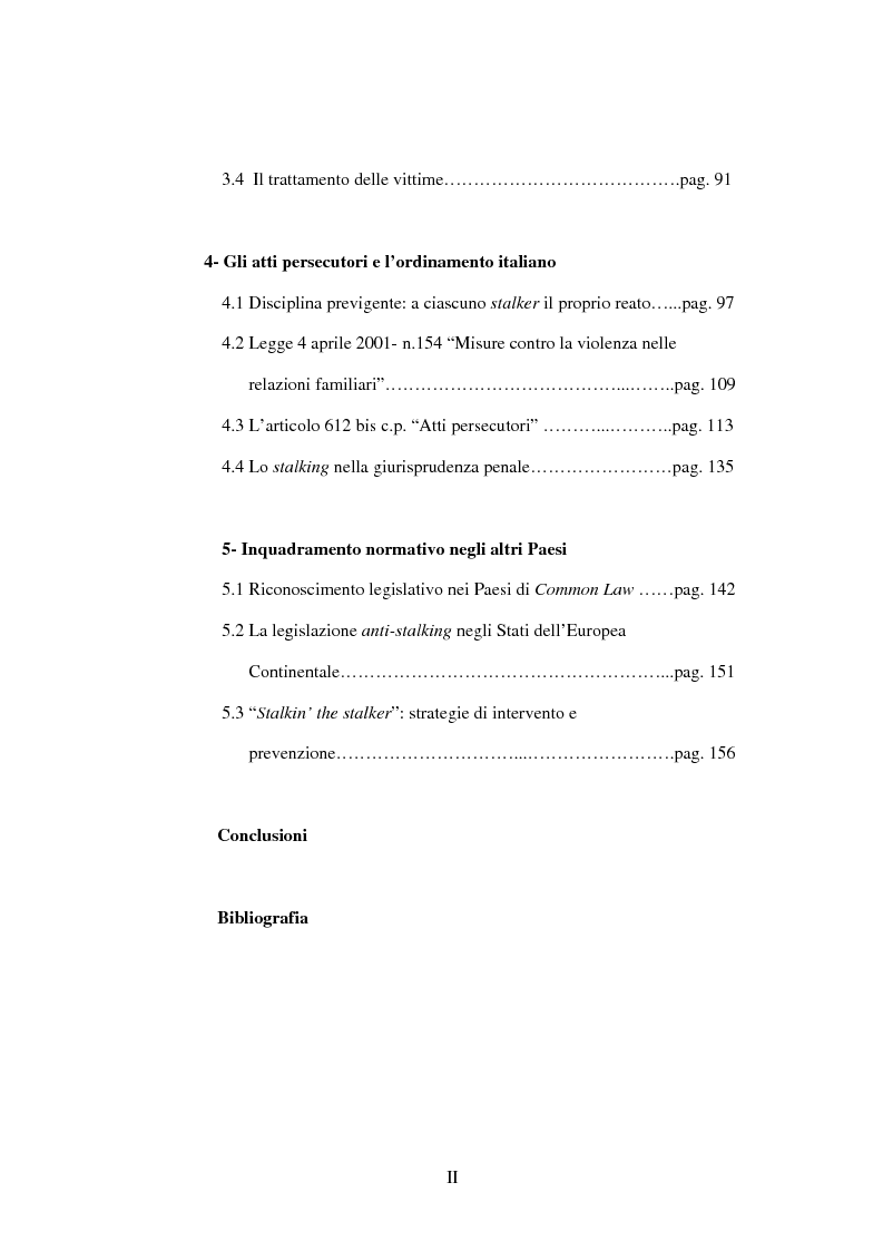 Indice della tesi: Lo stalking, Pagina 2