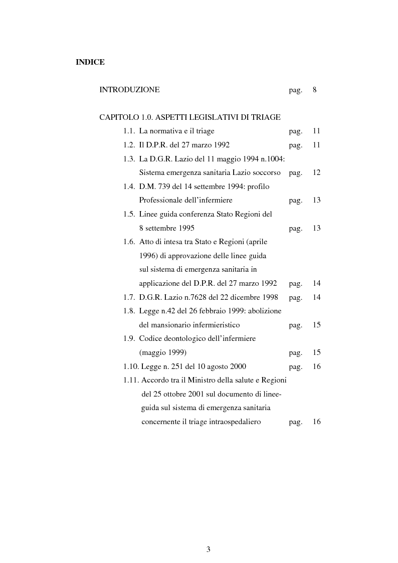 Indice della tesi: Strategie organizzative di applicazione dei protocolli di triage attraverso un'indagine conoscitiva nei pronto soccorsi del Lazio. Ruolo dell’infermiere dirigente., Pagina 1