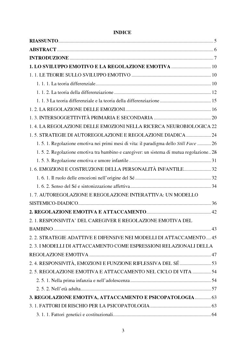 Indice della tesi: La regolazione emotiva nel secondo anno di vita: strategie di regolazione nei pattern di attaccamento sicuro e insicuro, Pagina 1