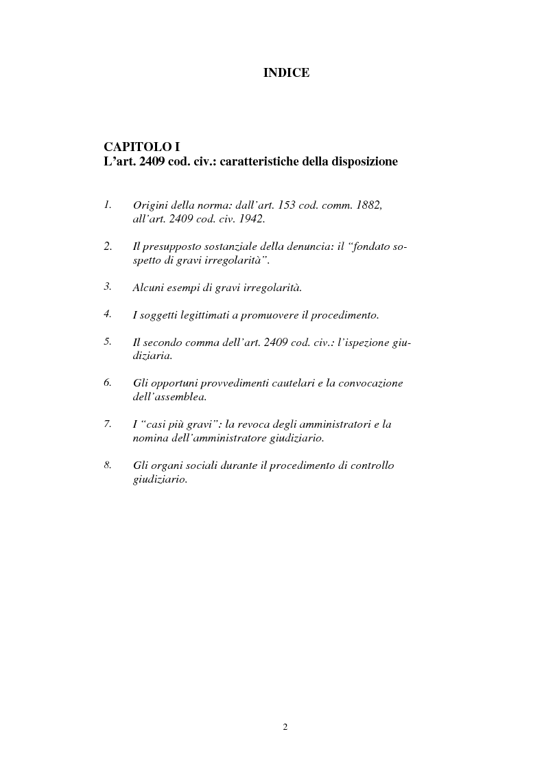Indice della tesi: Il procedimento di controllo giudiziario ex art. 2409 cod. civ. e la questione degli interessi tutelati, Pagina 1