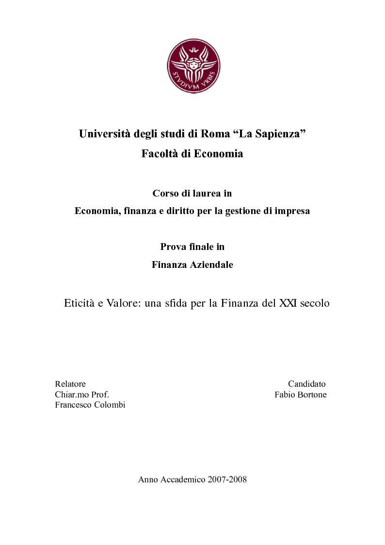 Università degli studi di Roma “La Sapienza” Facoltà di Economia Corso di laurea in Economia Università degli studi di Roma “La Sapienza” Facoltà di Economia Corso di laurea in Economia