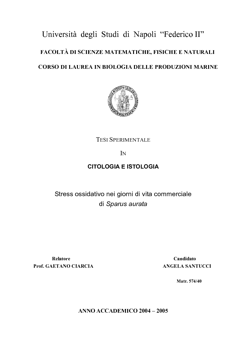Anteprima della tesi: Stress ossidativo nei giorni di vita commerciale di Sparus aurata, Pagina 1