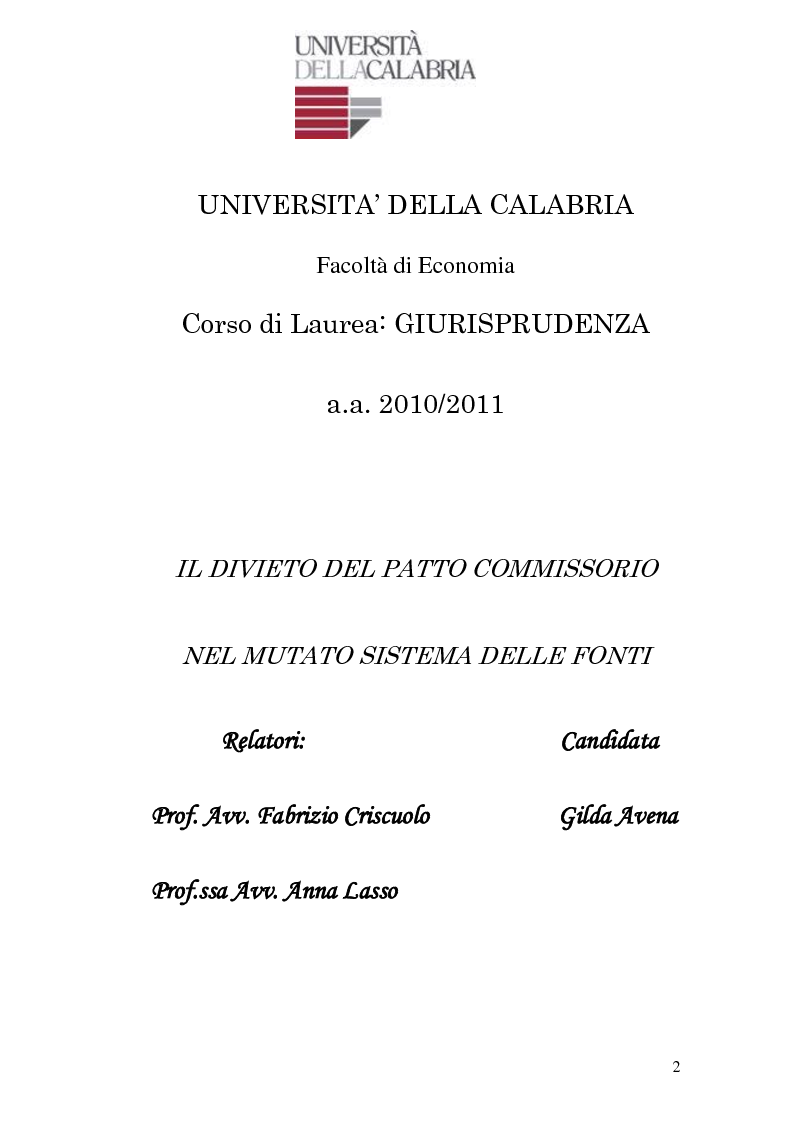 Anteprima della tesi: Il divieto del patto commissorio nel mutato sistema delle fonti., Pagina 1