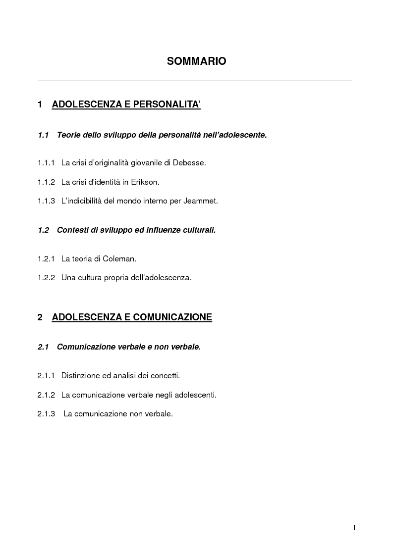 Indice della tesi: Stili comunicazionali e personalità degli adolescenti, Pagina 1