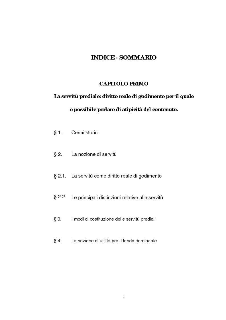 Indice della tesi: Le servitù atipiche, Pagina 1