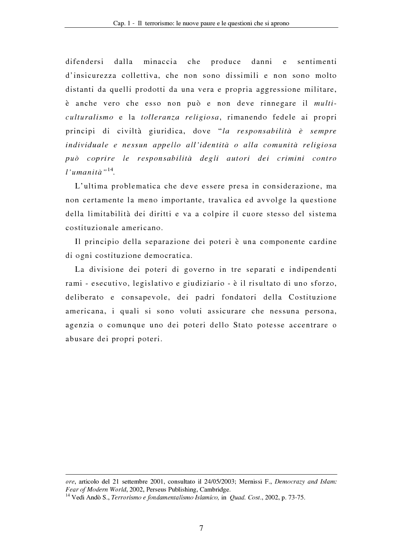Anteprima della tesi: La compressione dei diritti costituzionali in ragione della lotta al terrorismo: il caso americano, Pagina 7