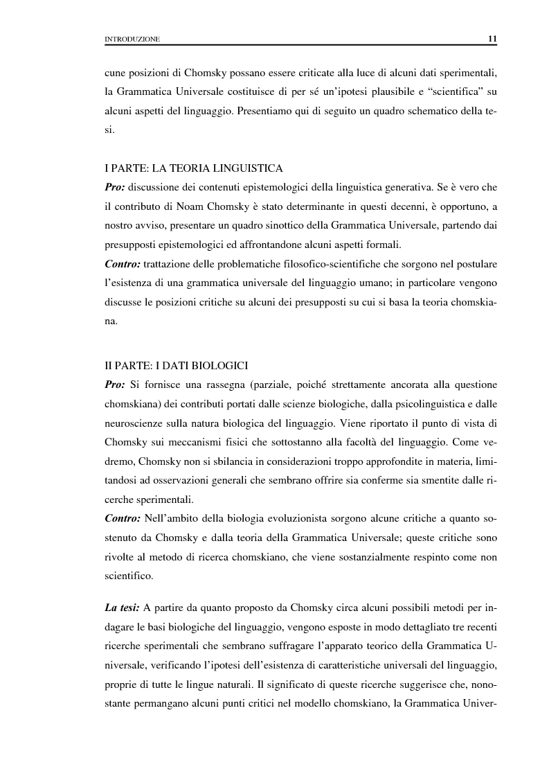 Anteprima della tesi: I fondamenti biologici del linguaggio secondo Noam Chomsky. Grammatica Universale e dati sperimentali., Pagina 3