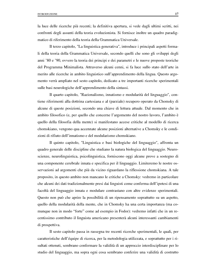 Anteprima della tesi: I fondamenti biologici del linguaggio secondo Noam Chomsky. Grammatica Universale e dati sperimentali., Pagina 9