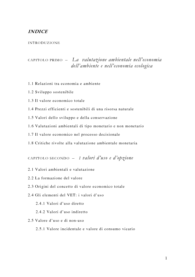 Indice della tesi: Il Valore Economico Totale. Rassegna critica e un esempio di applicazione: la fauna selvatica., Pagina 1