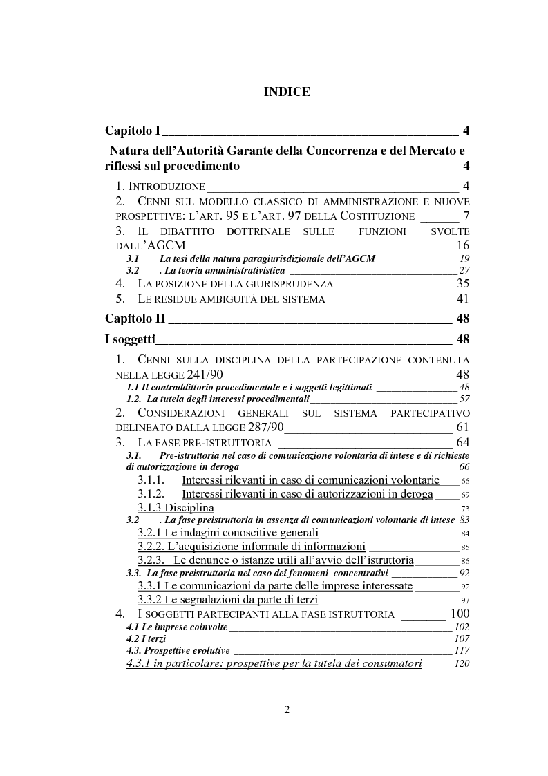 Indice della tesi: La partecipazione al procedimento in materia antitrust davanti all'Autorità Garante della Concorrenza e del Mercato, Pagina 1