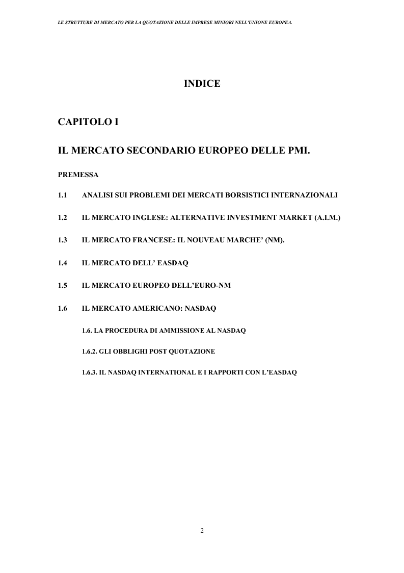 Indice della tesi: Strutture di mercato per la quotazione delle imprese minori nell'Unione europea, Pagina 1