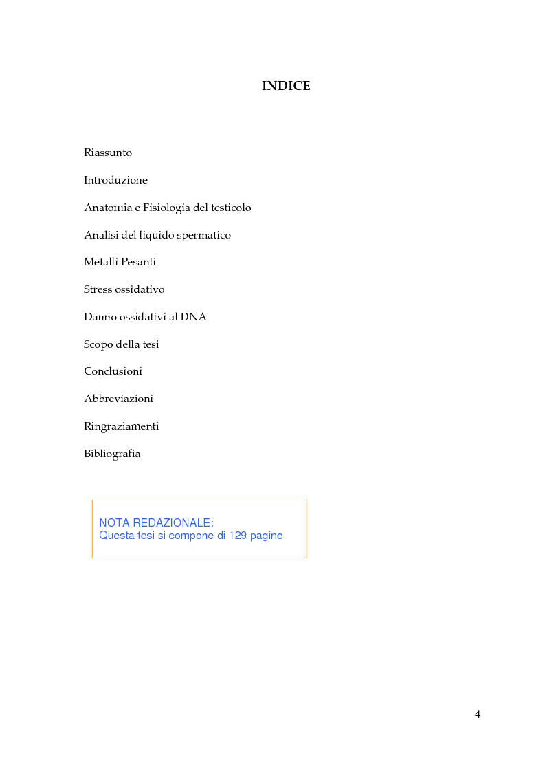 Indice della tesi: Endocrine Disruptors: Fertilità maschile e Metalli pesanti, Pagina 1