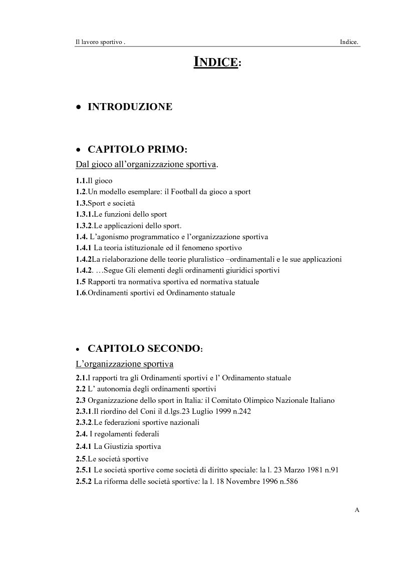 Indice della tesi: Il lavoro sportivo, Pagina 1