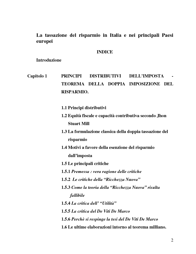 Indice della tesi: La tassazione del risparmio in Italia e nei principali paesi europei (attività finanziarie), Pagina 1