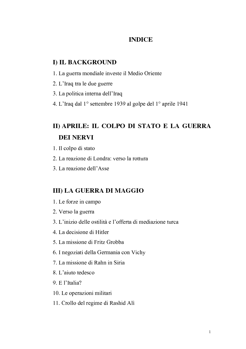 Indice della tesi: La crisi irachena dell'aprile-maggio 1941 nella politica della Seconda Guerra Mondiale, Pagina 1
