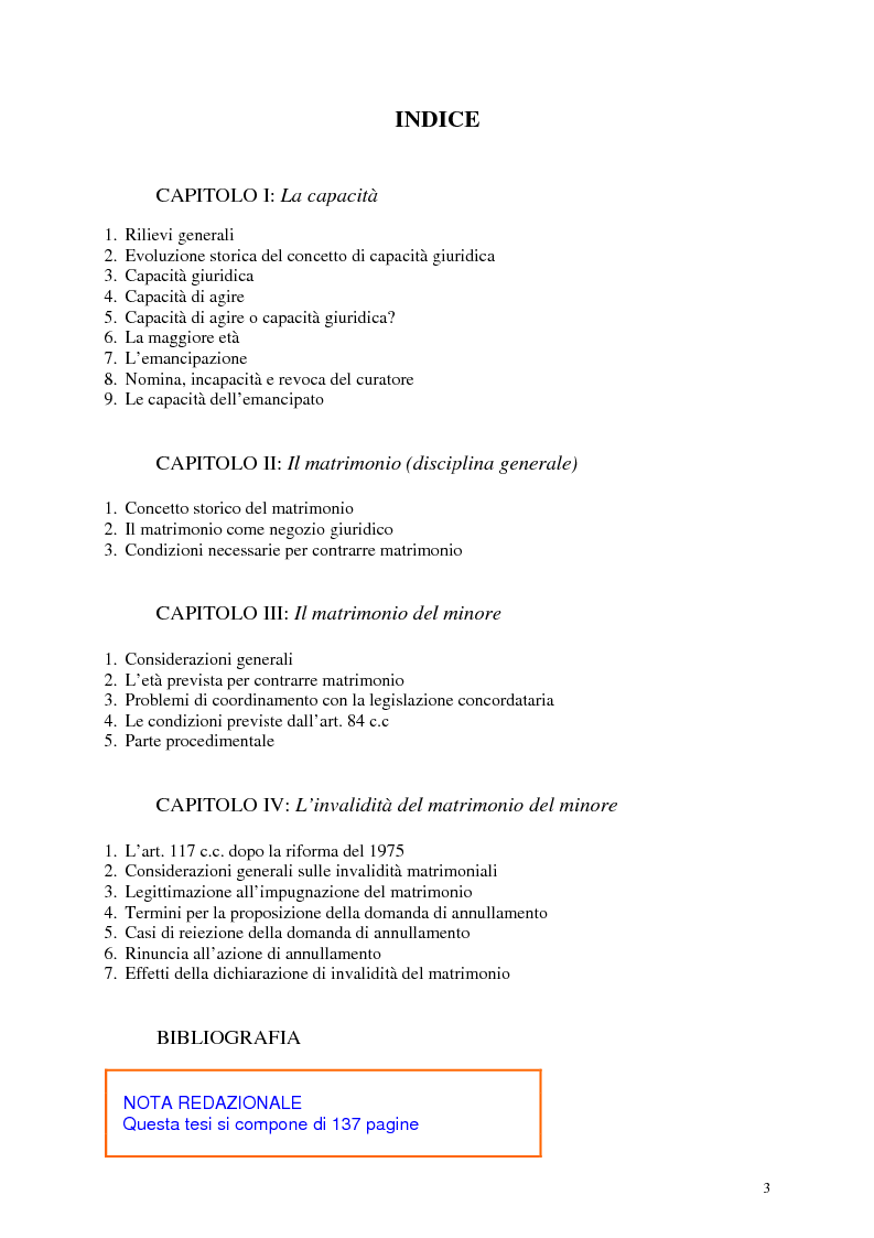 Indice della tesi: Il matrimonio del minore, Pagina 1