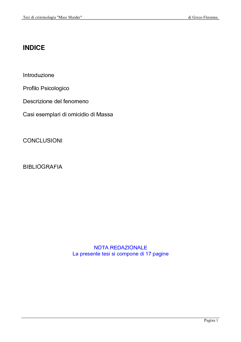 Indice della tesi: Mass Murder, Pagina 1
