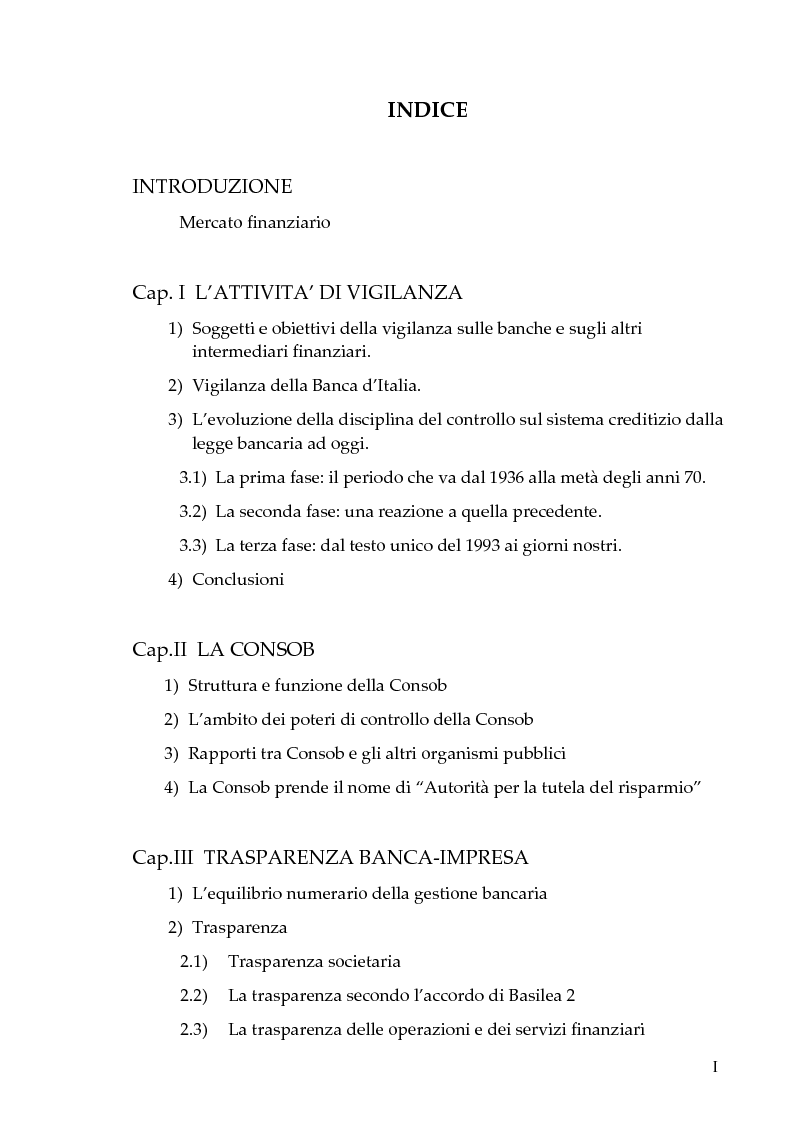 Indice della tesi: Il nuovo sistema dei controlli nel sistema finanziario, Pagina 1