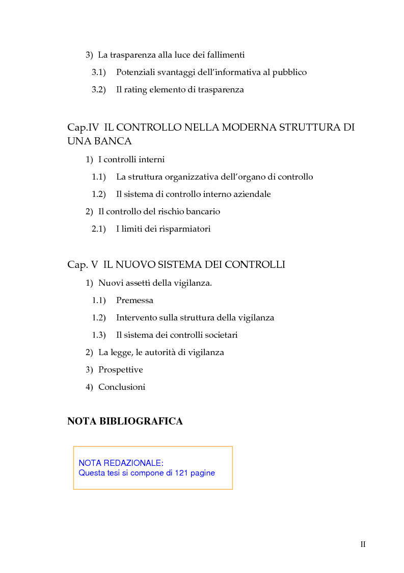 Indice della tesi: Il nuovo sistema dei controlli nel sistema finanziario, Pagina 2