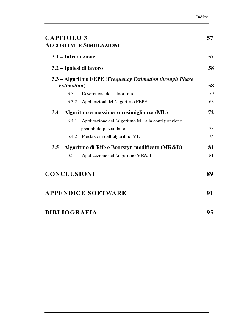 Indice della tesi: Algoritmi a risoluzione incrementata per la stima della frequenza di una portante, Pagina 3