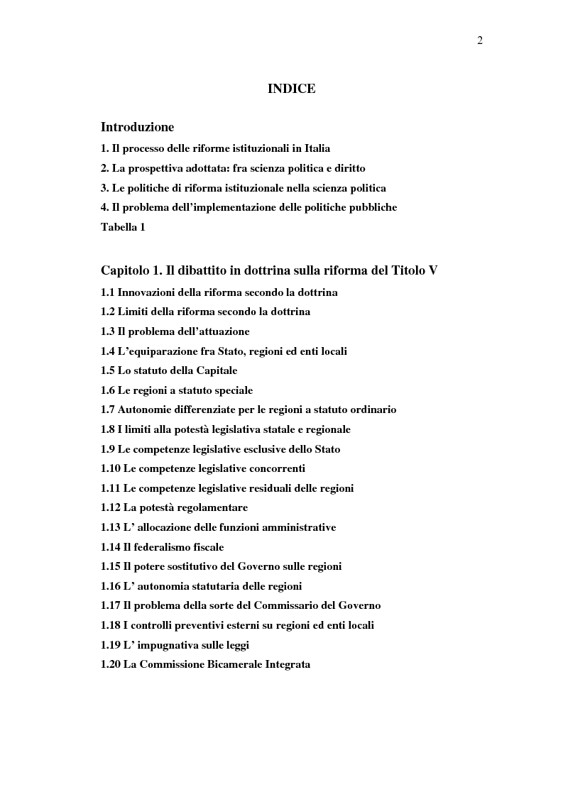 Indice della tesi: Verso un'Italia federale. Dalla Riforma del Titolo V al disegno di legge sulla devoluzione., Pagina 1