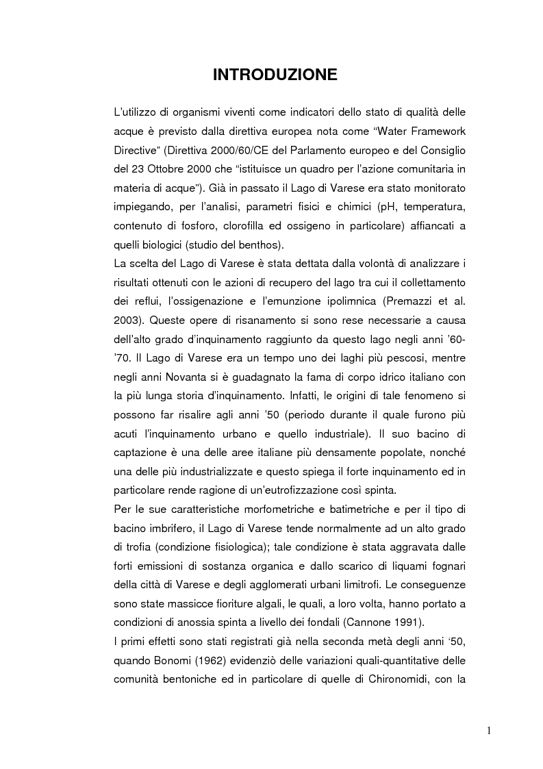Anteprima della tesi: I Chironomidi (Insecta Diptera) come indicatori dello stato trofico del Lago di Varese, Pagina 2