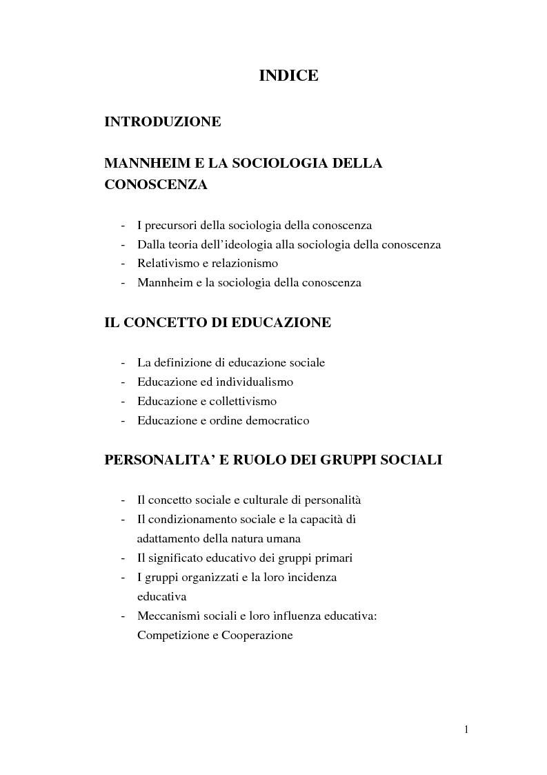 Indice della tesi: Conoscenza ed educazione nel pensiero di Karl Mannheim, Pagina 1