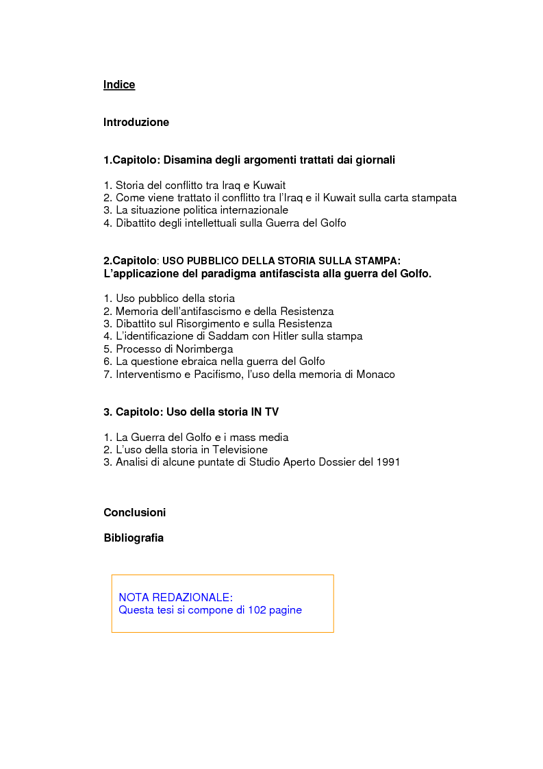 Indice della tesi: Un caso di uso pubblico della storia: l'applicazione del paradigma antifascista alla guerra del Golfo del 1991, Pagina 1