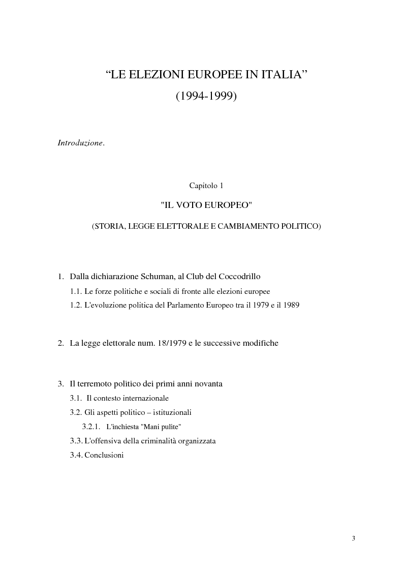 Indice della tesi: Le elezioni europee in Italia (1994-1999), Pagina 1