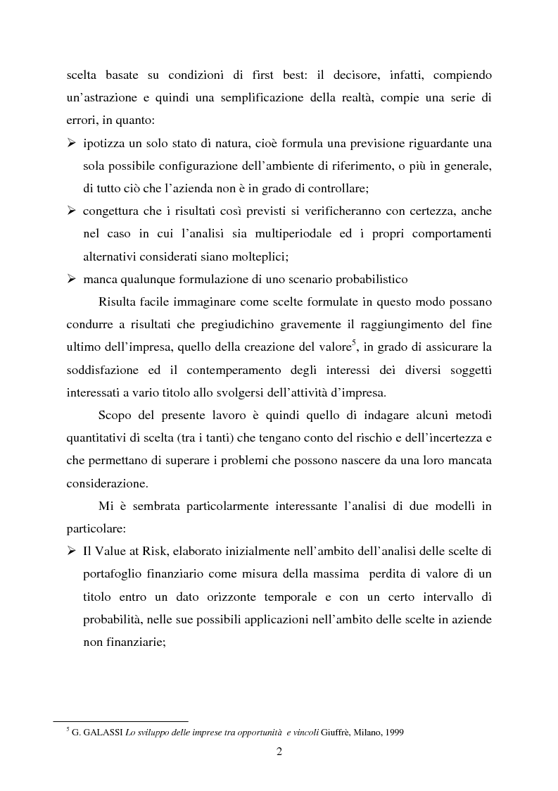 Anteprima della tesi: Scelte aziendali in condizioni di incertezza: gli usi non finanziari del "Value at Risk e le Opzioni Reali", Pagina 2
