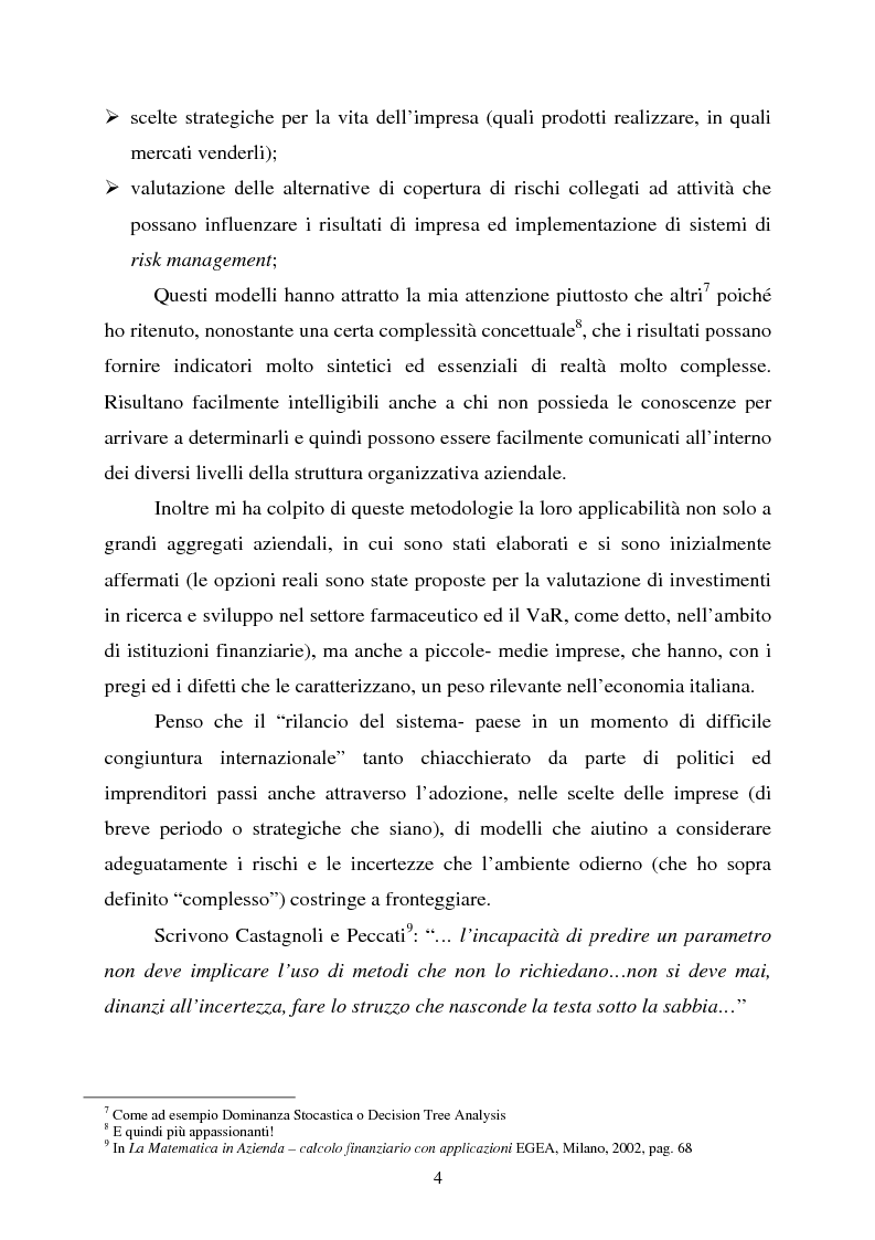 Anteprima della tesi: Scelte aziendali in condizioni di incertezza: gli usi non finanziari del "Value at Risk e le Opzioni Reali", Pagina 4