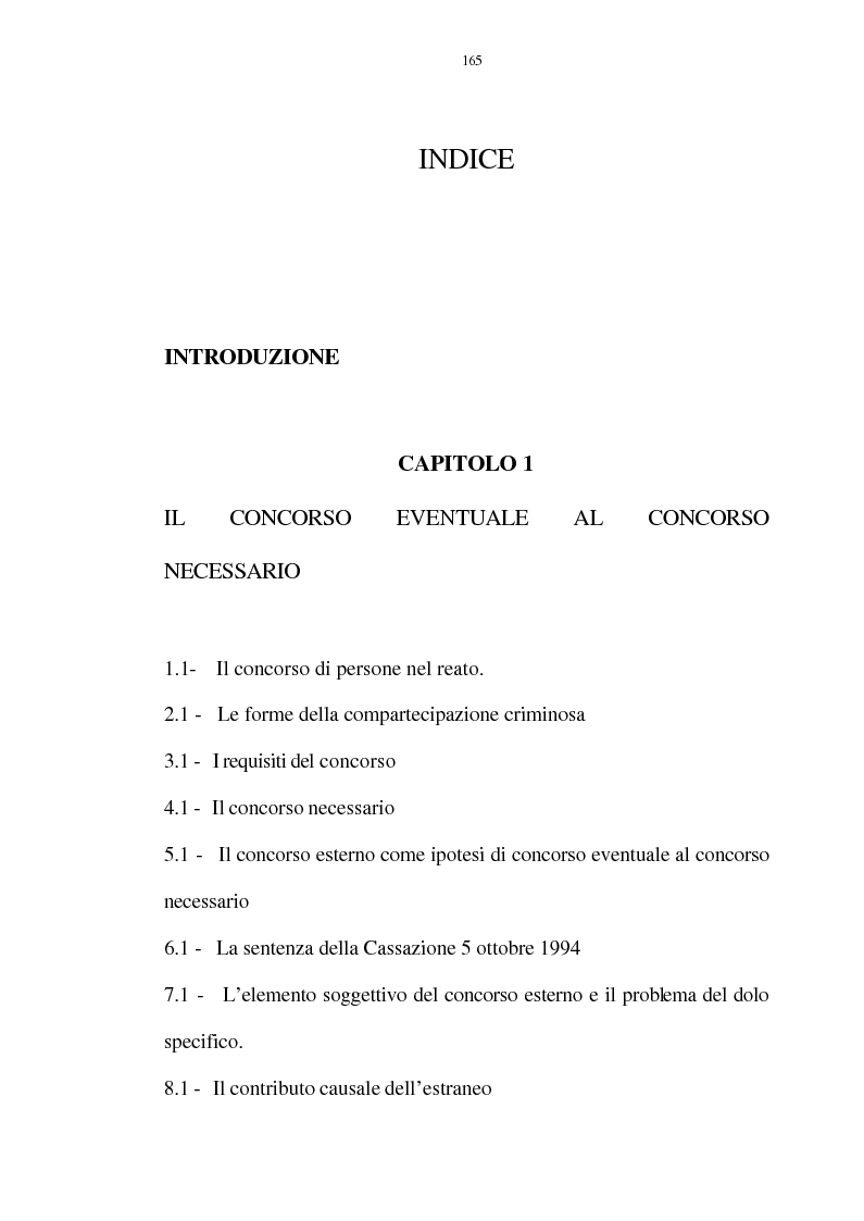 Indice della tesi: La figura del c.d. "concorso esterno" in tema di concorso di persone nel reato, Pagina 1