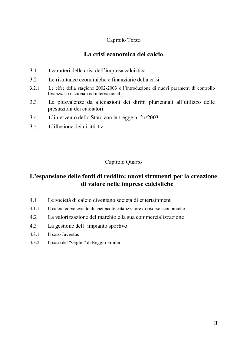 Indice della tesi: La crisi economica e finanziaria delle società di calcio professionistiche:analisi ed ipotesi di soluzione, Pagina 2