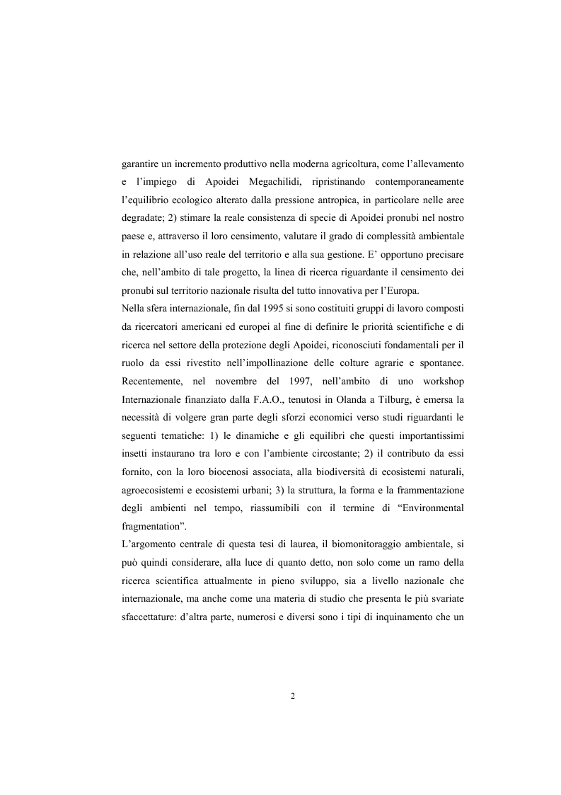 Anteprima della tesi: Impiego dell'ape (Apis mellifera L.) e delle api solitarie nel monitoraggio ambientale in un'area del Comune di Rosignano Marittimo (LI)., Pagina 2