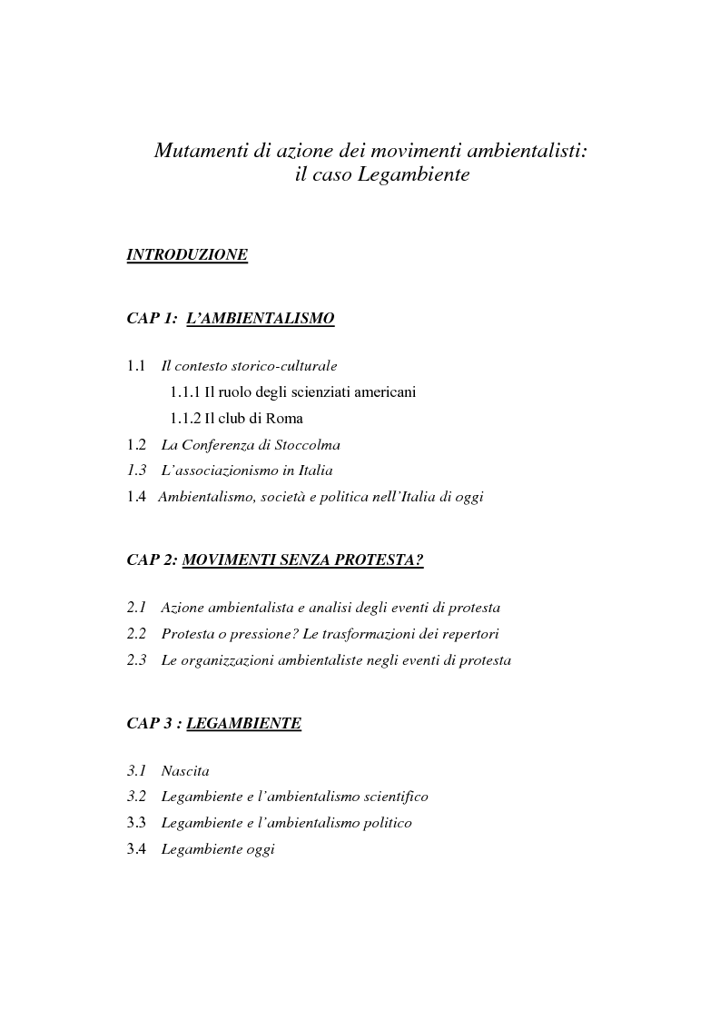 Indice della tesi: Mutamenti di azione dei movimenti ambientalisti : il caso Legambiente, Pagina 1