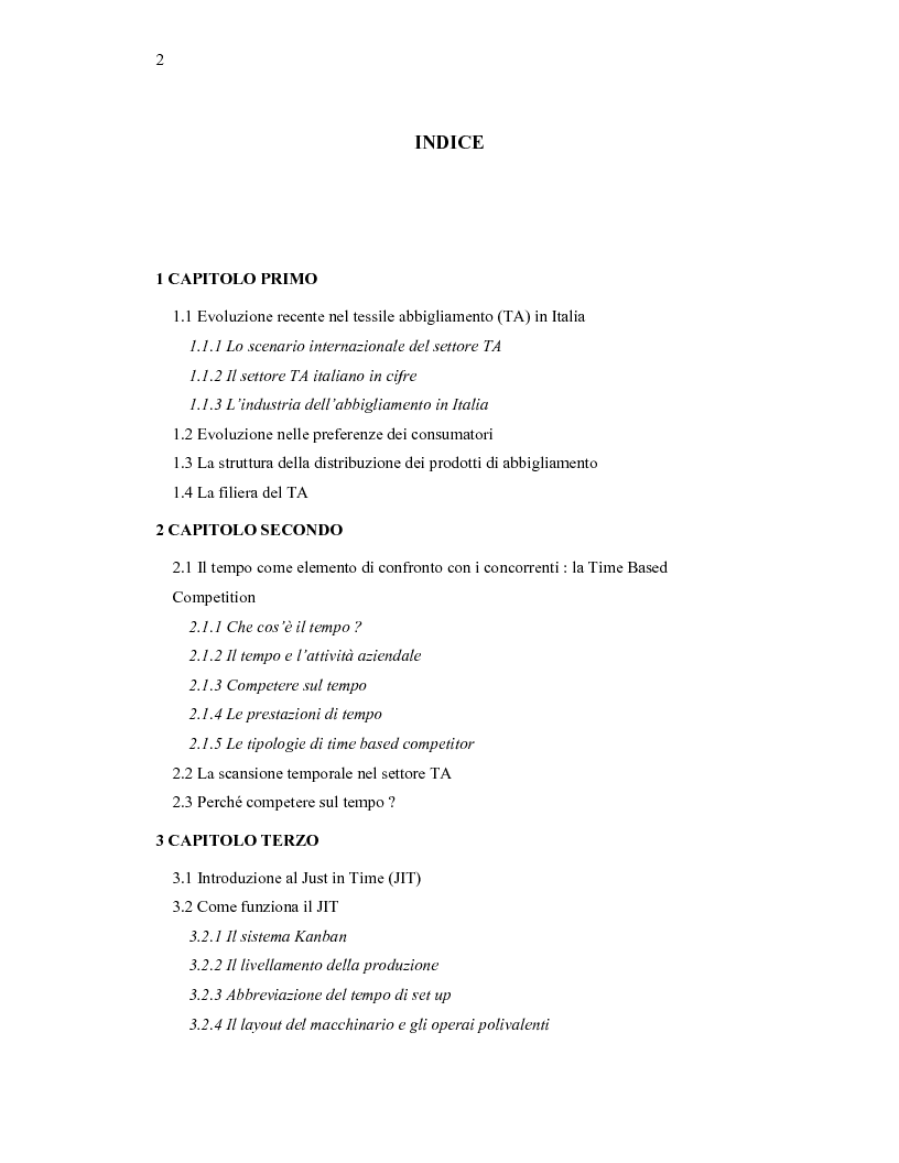 Indice della tesi: La Time Based Competition nel settore tessile abbigliamento: il caso Fashion Box Replay, Pagina 1