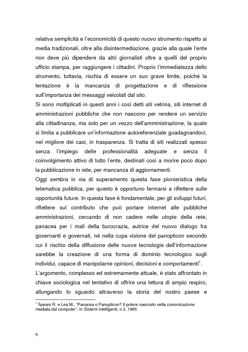 Anteprima della tesi: La Pubblica Amministrazione in rete; Il caso del comune di Pieve a Nievole, Pagina 2