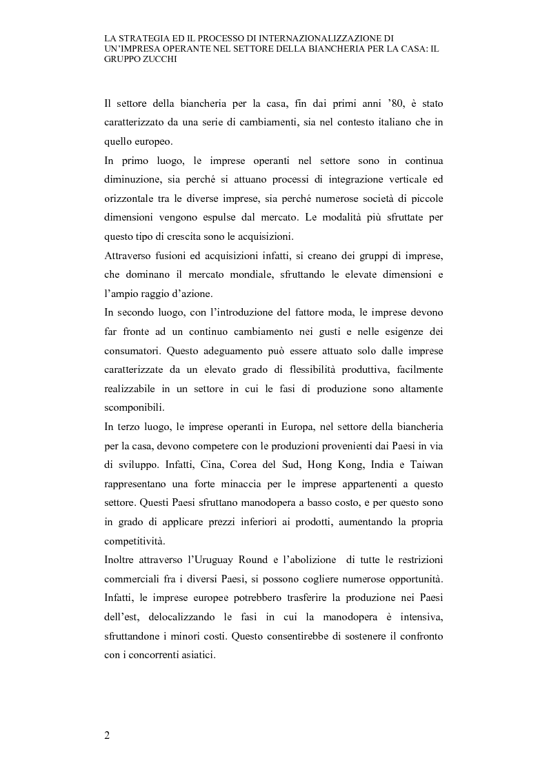 Anteprima della tesi: La strategia ed il processo di internazionalizzazione di un'impresa operante nel settore della biancheria per la casa: il Gruppo Zucchi, Pagina 2