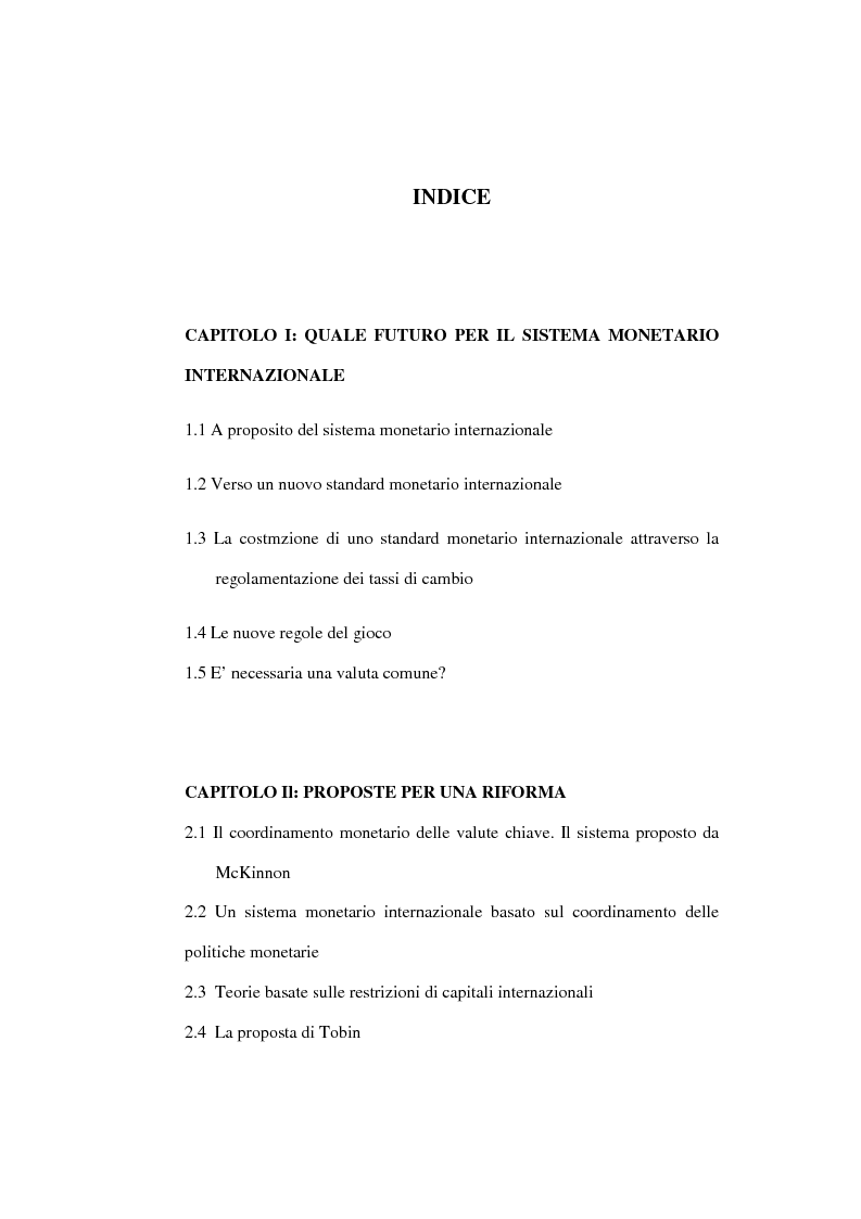Indice della tesi: La riforma del sistema monetario internazionale, Pagina 1