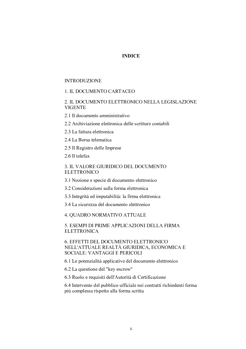 Indice della tesi: Il documento: nuove tecnologie (documento elettronico e firma digitale), Pagina 1