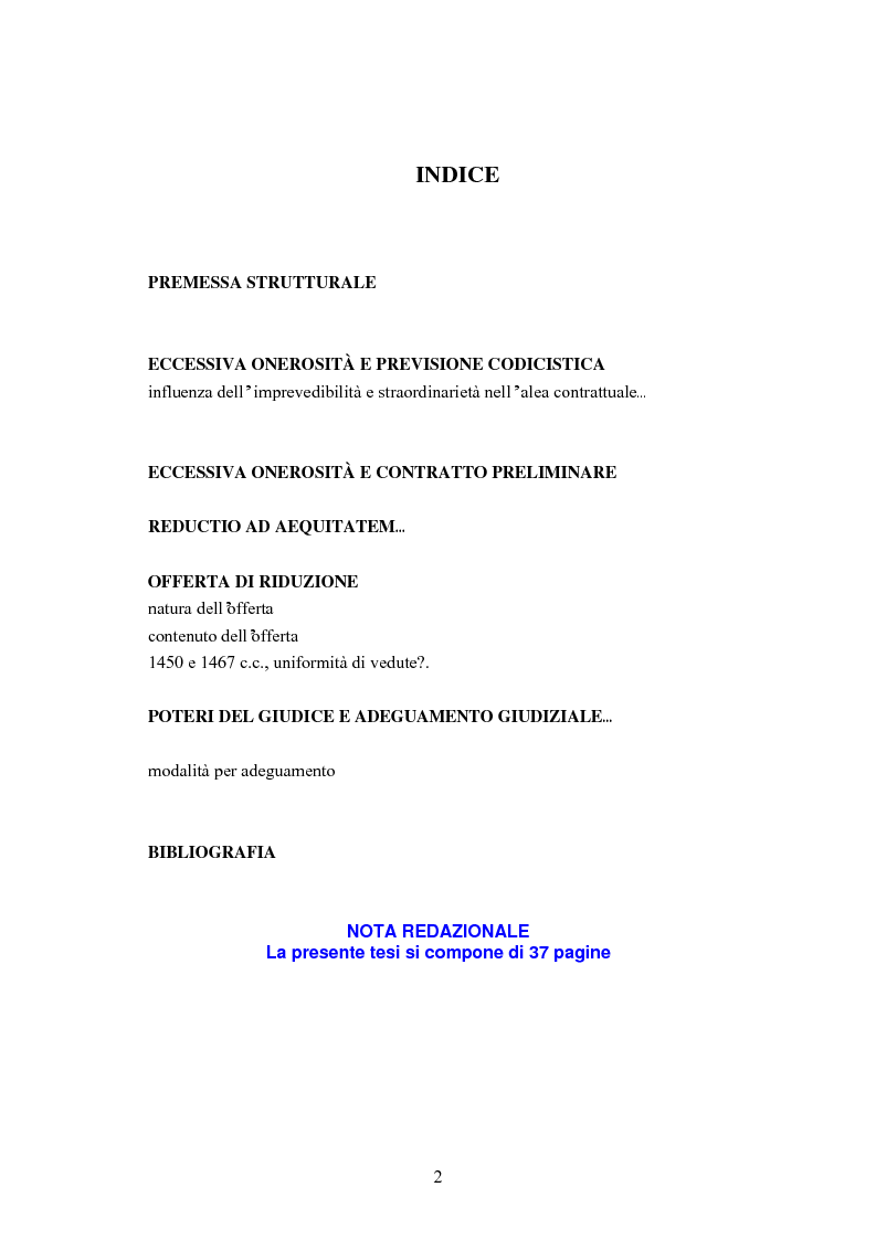 Indice della tesi: L’eccessiva onerosità e l’adeguamento giudiziale nel contratto preliminare., Pagina 1