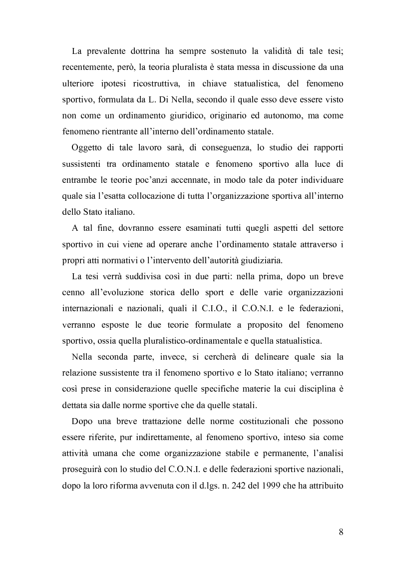 Anteprima della tesi: Il fenomeno sportivo nello Stato italiano tra la teoria pluralistico-ordinamentale e l'impostazione statualistica, Pagina 3