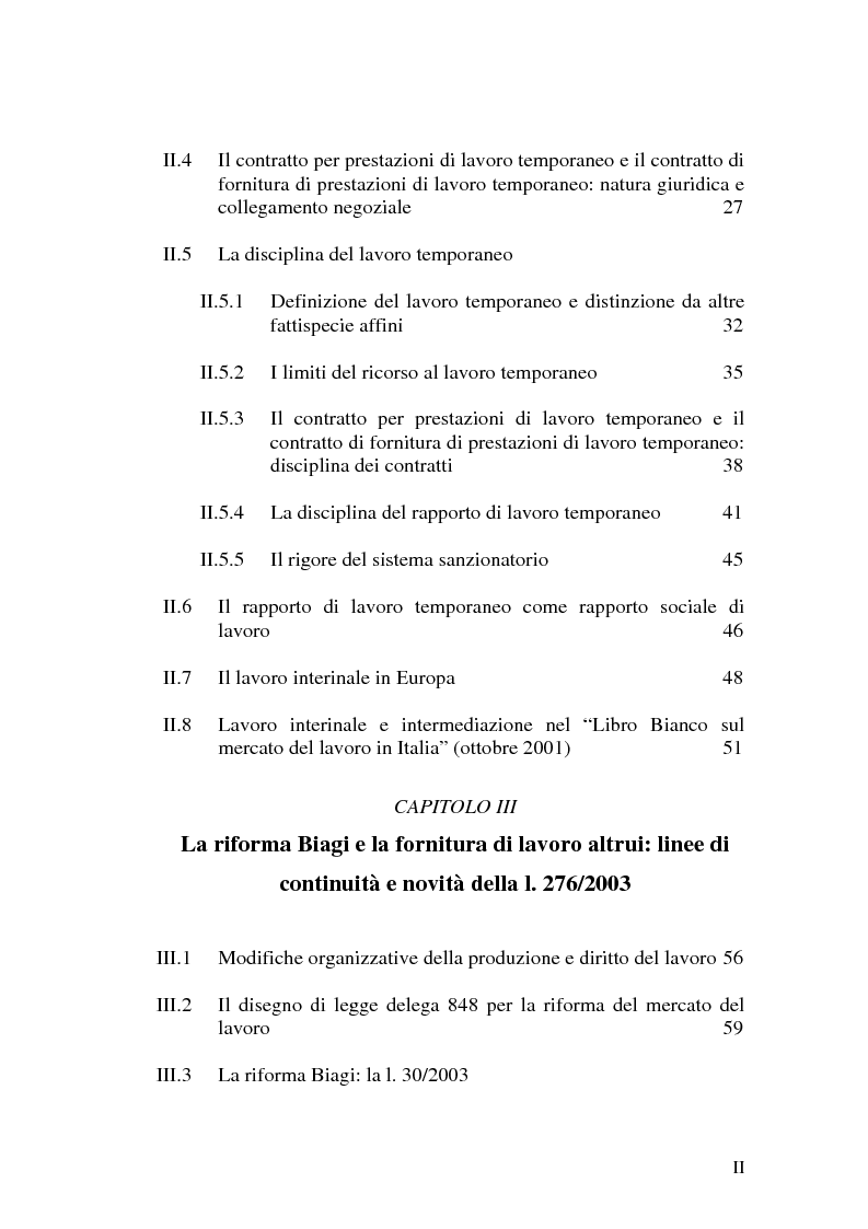 Indice della tesi: Dal divieto d'interposizione nella manodopera alla somministrazione di lavoro, Pagina 2